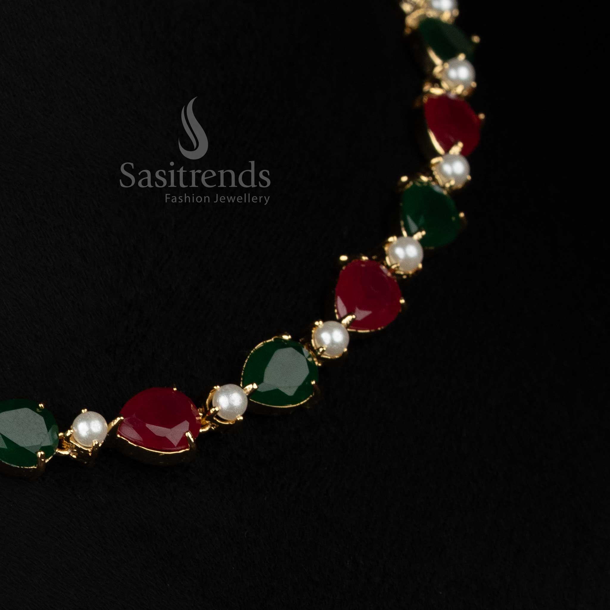 Pearl ruby green MysticCurrent American diamond micro gold plated teardrop and round necklace set ideal for night events and social elegance - Sasitrends