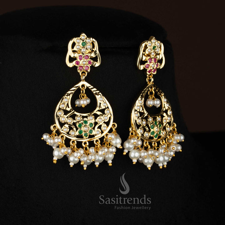 Pearl Ruby-green HeritageLoom Punjabi jadau gold plated pearl dangle earrings suited for cultural festivities and elegant functions - Sasitrends