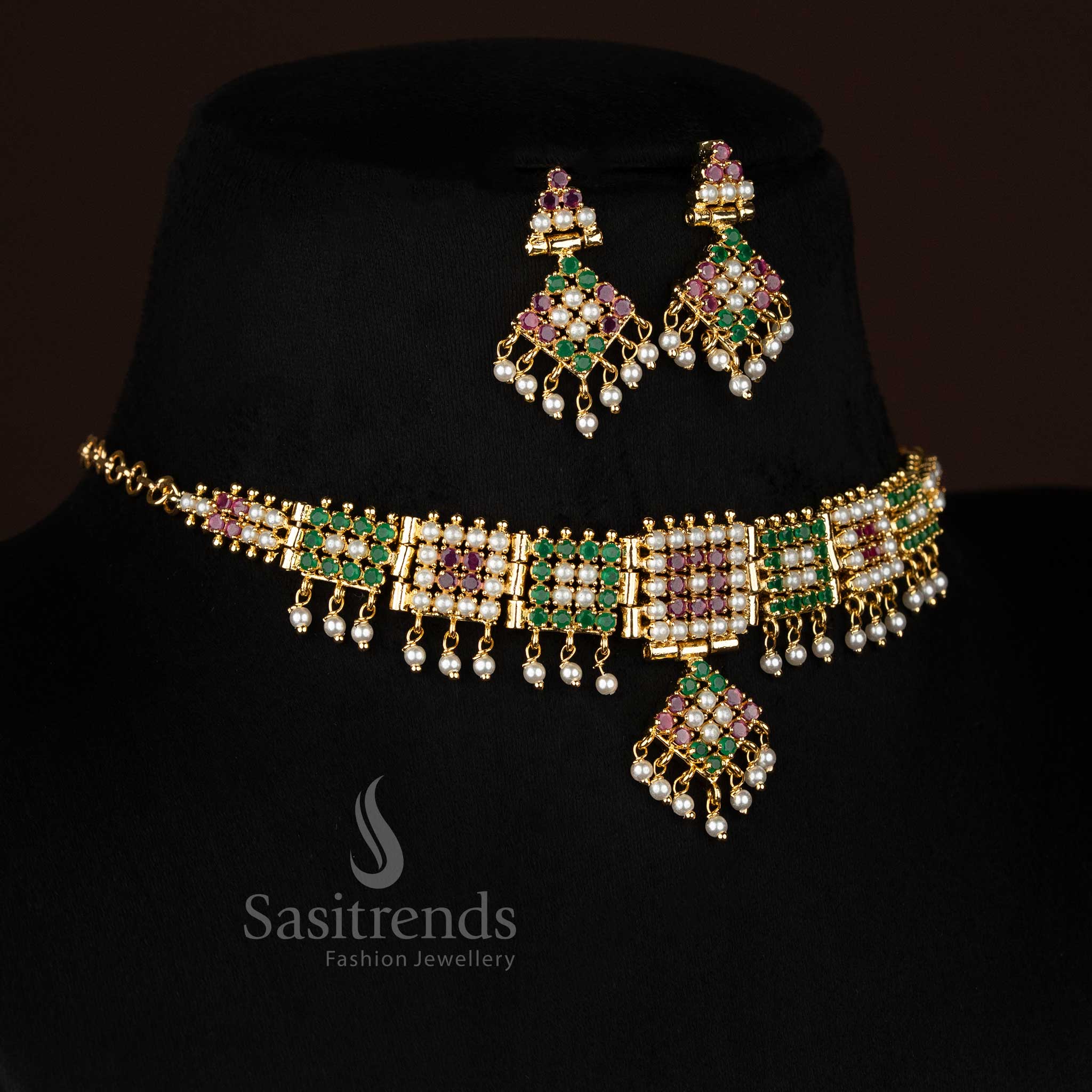 Pearl ruby green GardenMatrix American diamond micro gold plated square pearl necklace set curated for stylish party nights and elegant social events - Sasitrends