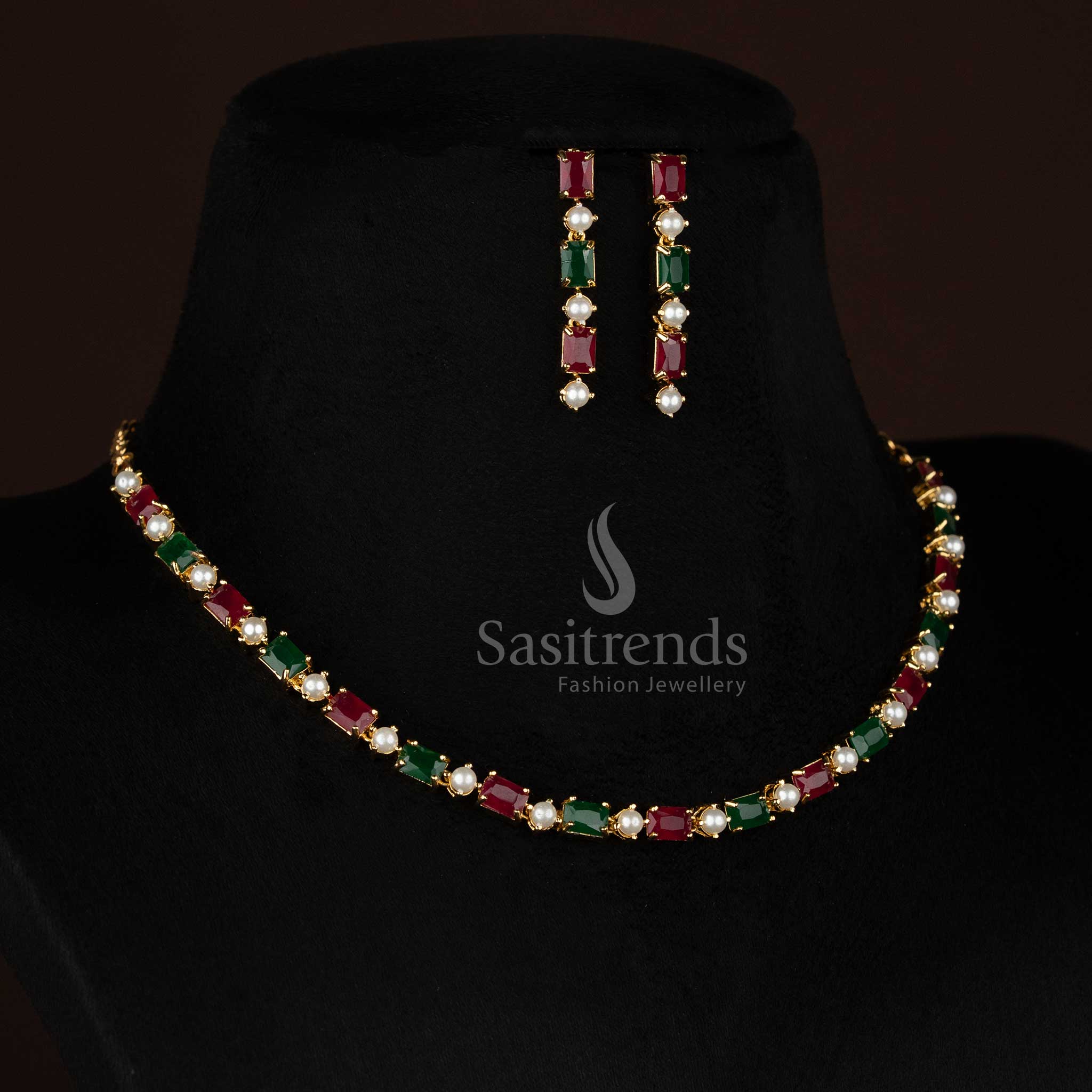 Pearl ruby green GardenChain American diamond micro gold plated rectangular pearl necklace set designed for elegant parties and refined outings - Sasitrends