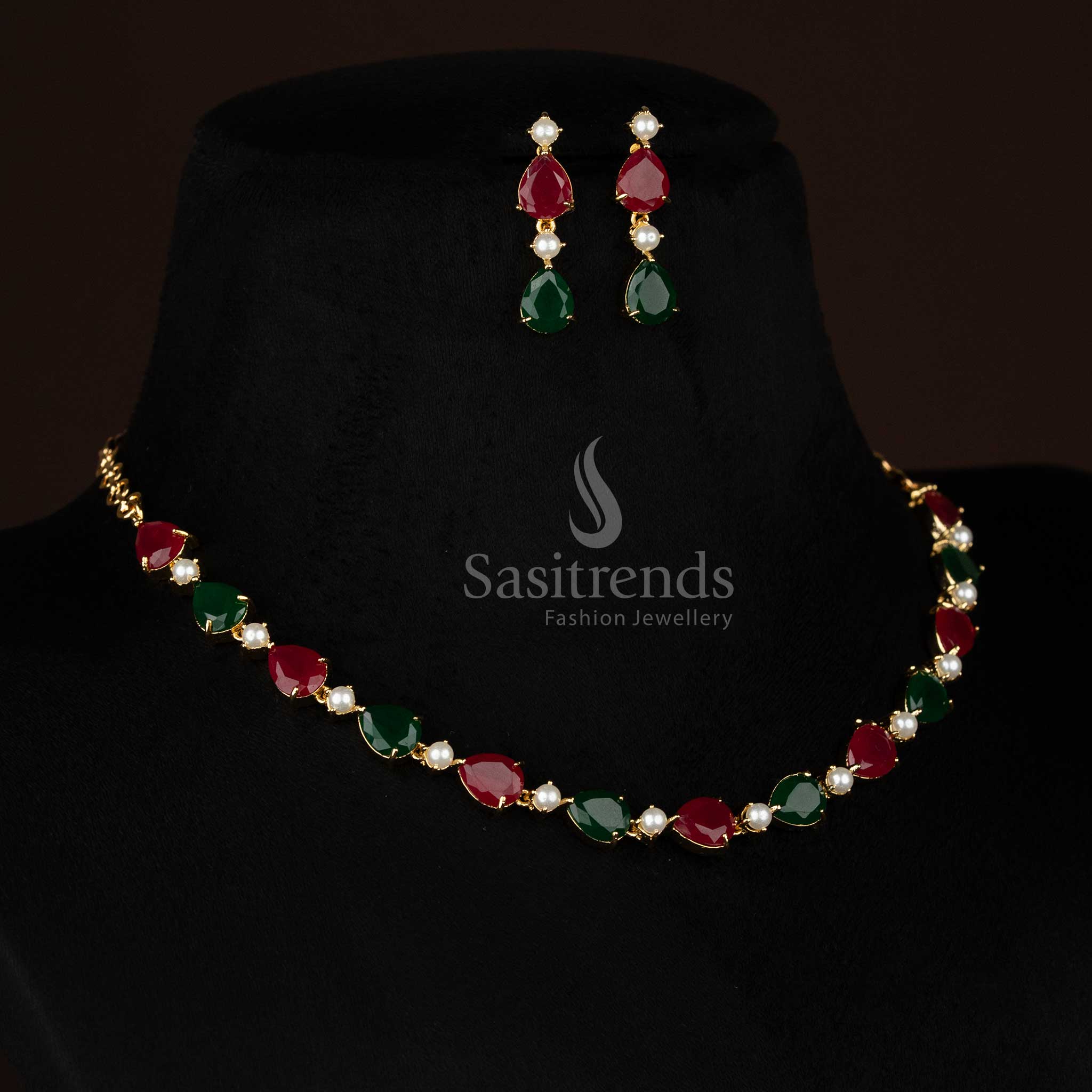 Pearl ruby green MysticBloom American diamond micro gold plated teardrop and round necklace set created for standout night events and party wear - Sasitrends