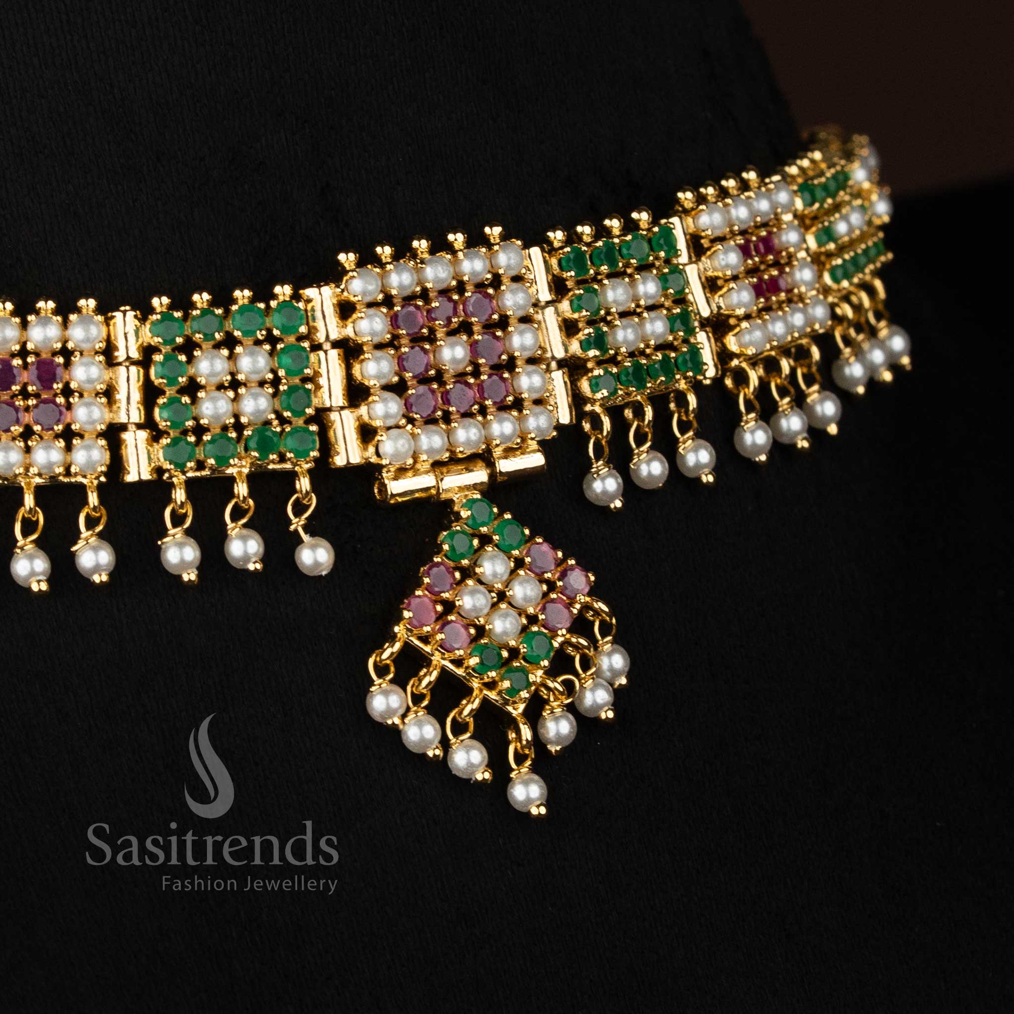Pearl ruby green EmeraldGleam American diamond micro gold plated square drop Necklace styled for festive evenings and sophisticated gatherings - Sasitrends