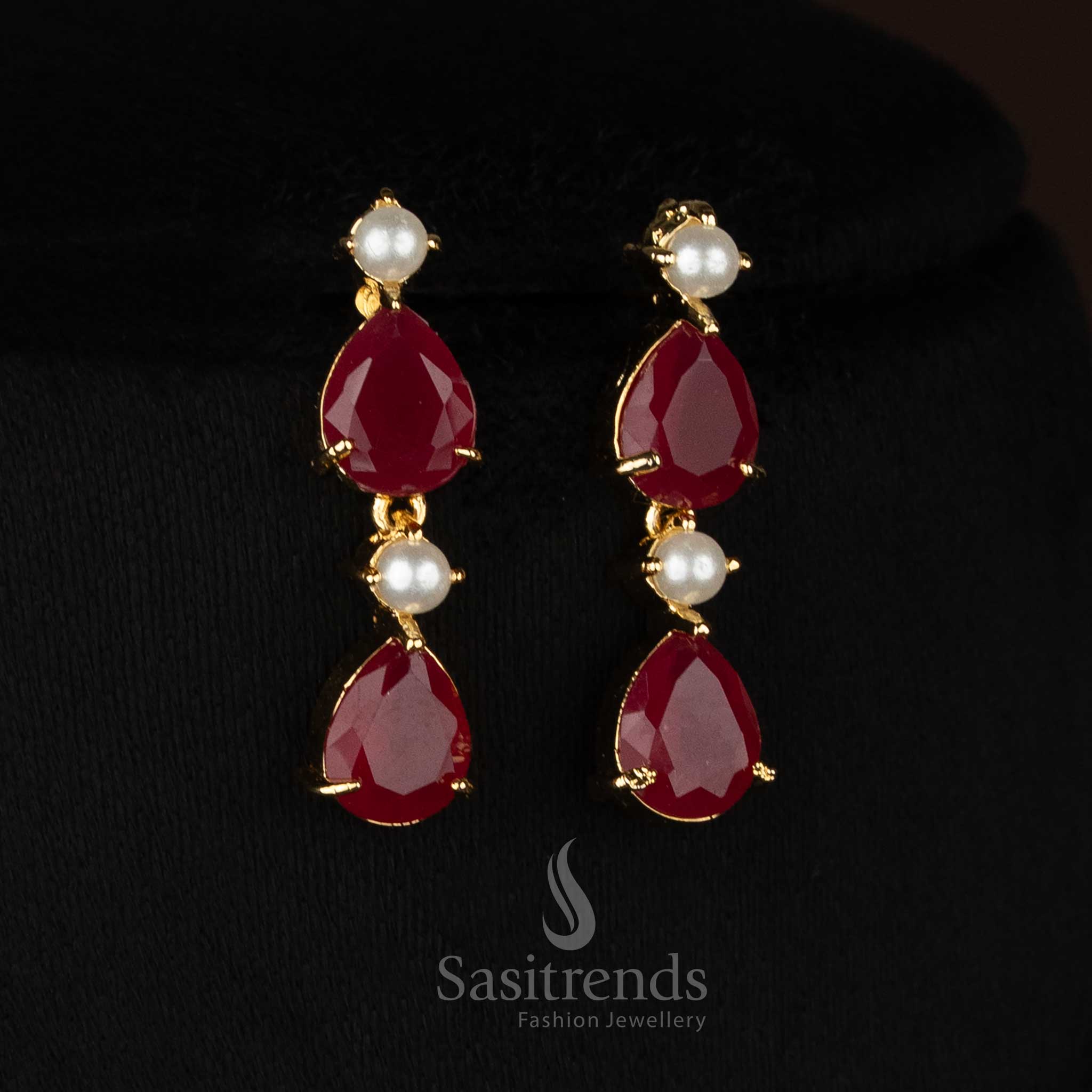 Pearl ruby green ForestCharm American diamond micro gold plated stylised drop earrings perfect for celebration nights and premium styling - Sasitrends