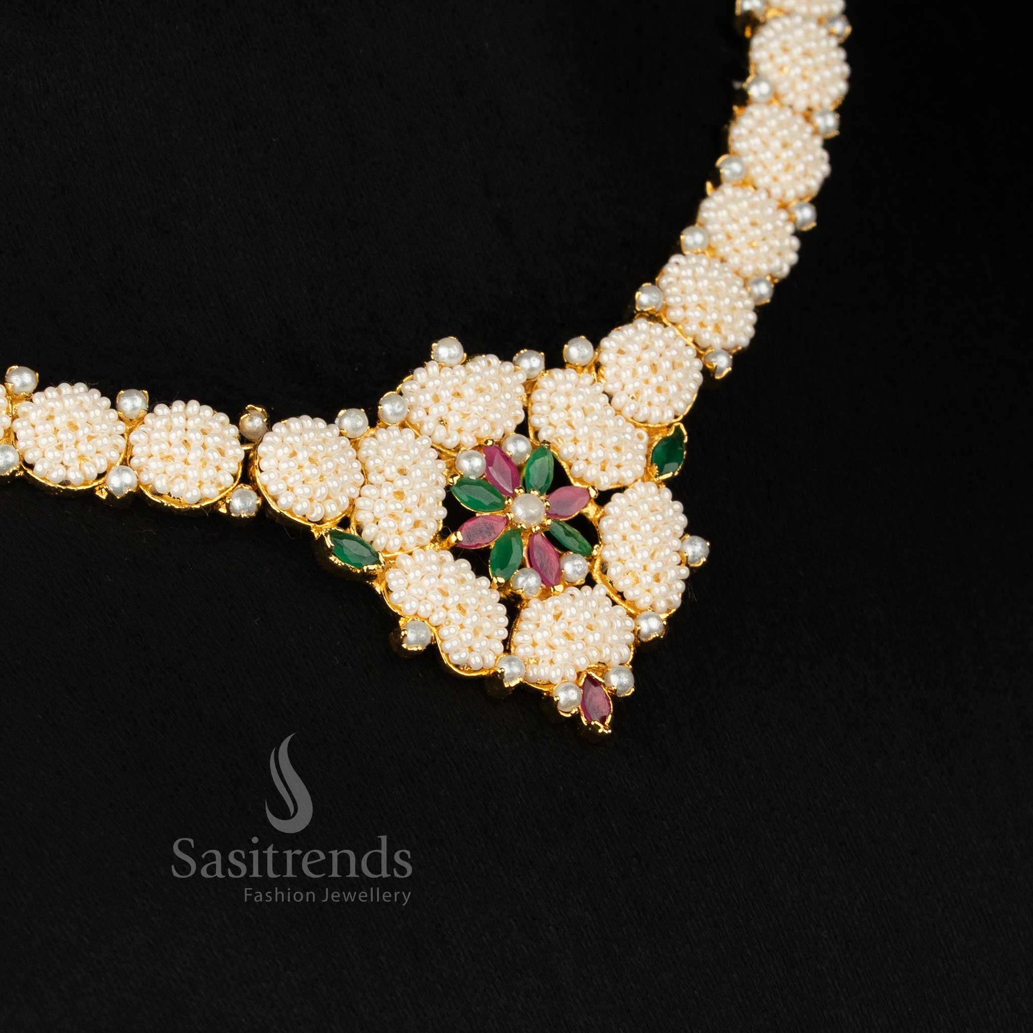 Pearl ruby green GardenGlow American diamond micro gold plated circular pearl link necklace set curated for festive gatherings and upscale party wear - Sasitrends