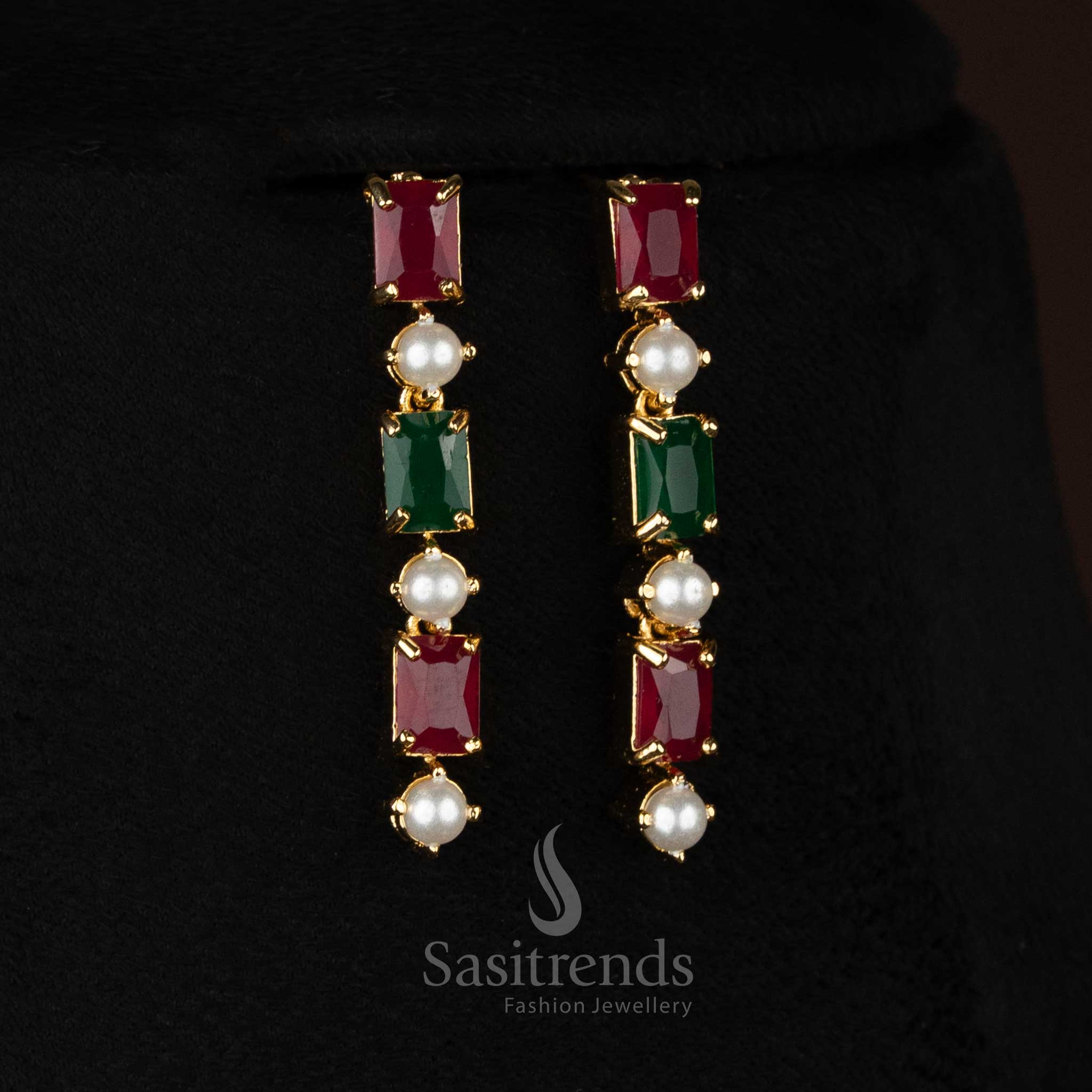 Pearl ruby green GardenGlow American diamond micro gold plated linear dangle earrings curated for refined party nights and stylish moments - Sasitrends