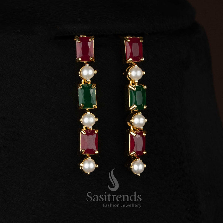 Pearl ruby green GardenGlow American diamond micro gold plated linear dangle earrings curated for refined party nights and stylish moments - Sasitrends
