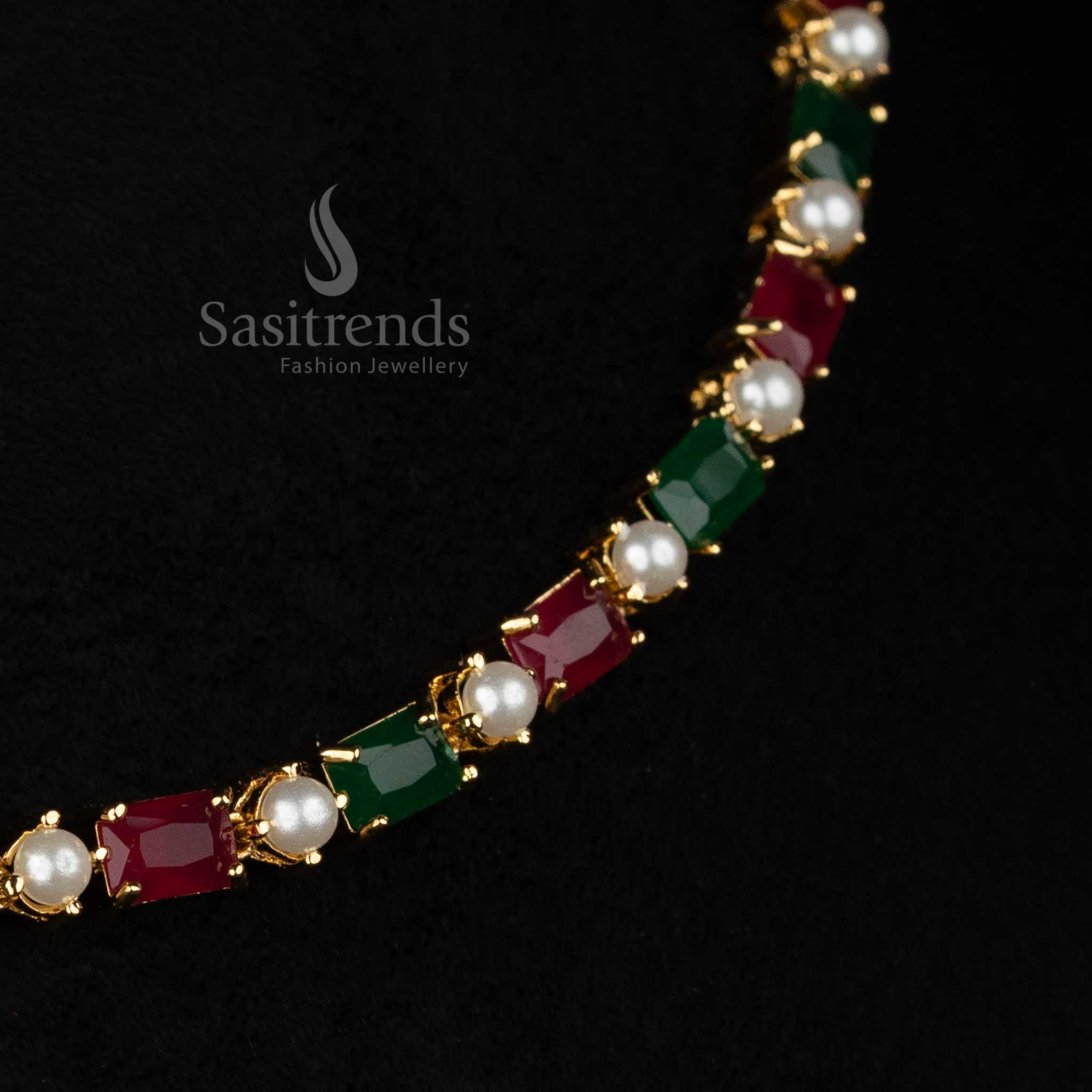 Pearl ruby green ForestLine American diamond micro gold plated rectangle link necklace set perfect for stylish nights and elite events - Sasitrends