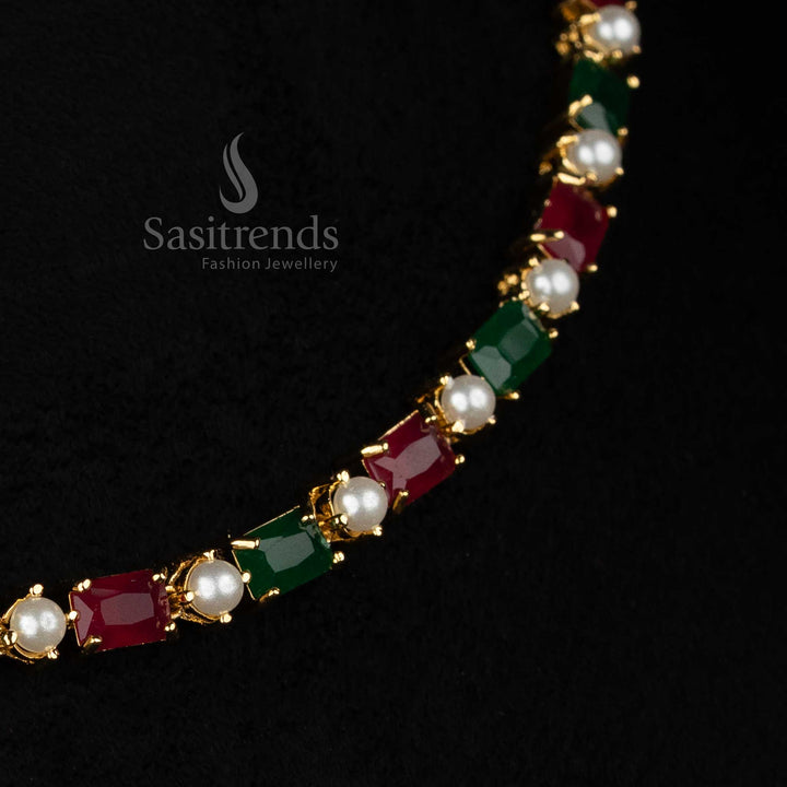 Pearl ruby green ForestLine American diamond micro gold plated rectangle link necklace set perfect for stylish nights and elite events - Sasitrends