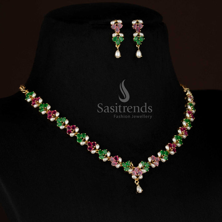 Pearl ruby green GardenElegance American diamond micro gold plated floral pearl necklace set styled for premium parties and refined occasions - Sasitrends