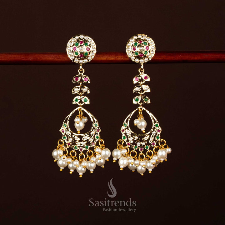 Charming pearl ruby green Punjabi Jadau leaf dangler earrings with pearl drops for elite celebration styling – Sasitrends