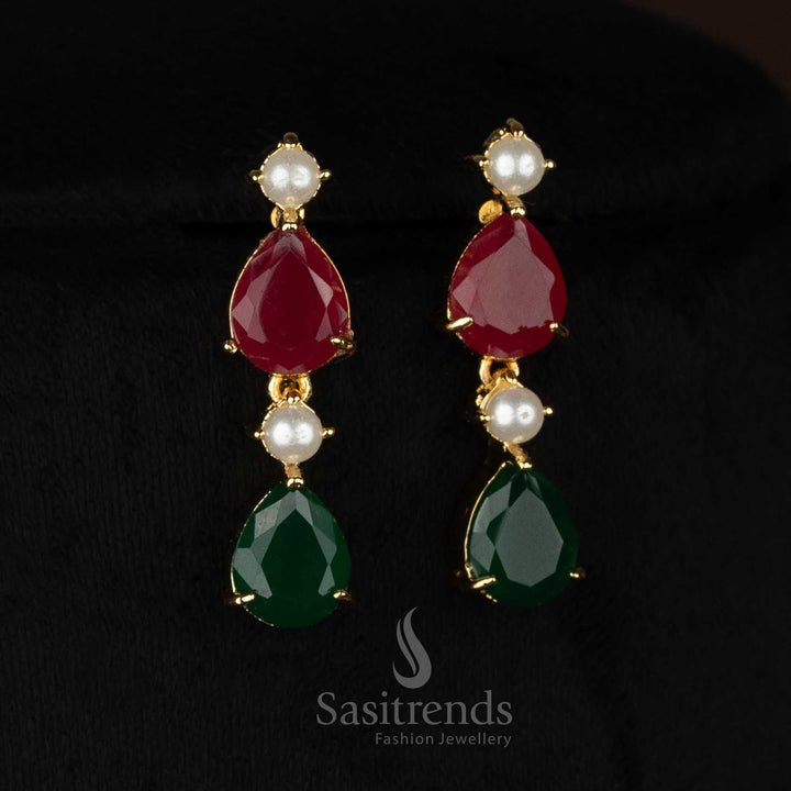 Pearl ruby-green American diamond micro gold plated teardrop dangle earrings styled for elegant evenings and social glamour - Sasitrends