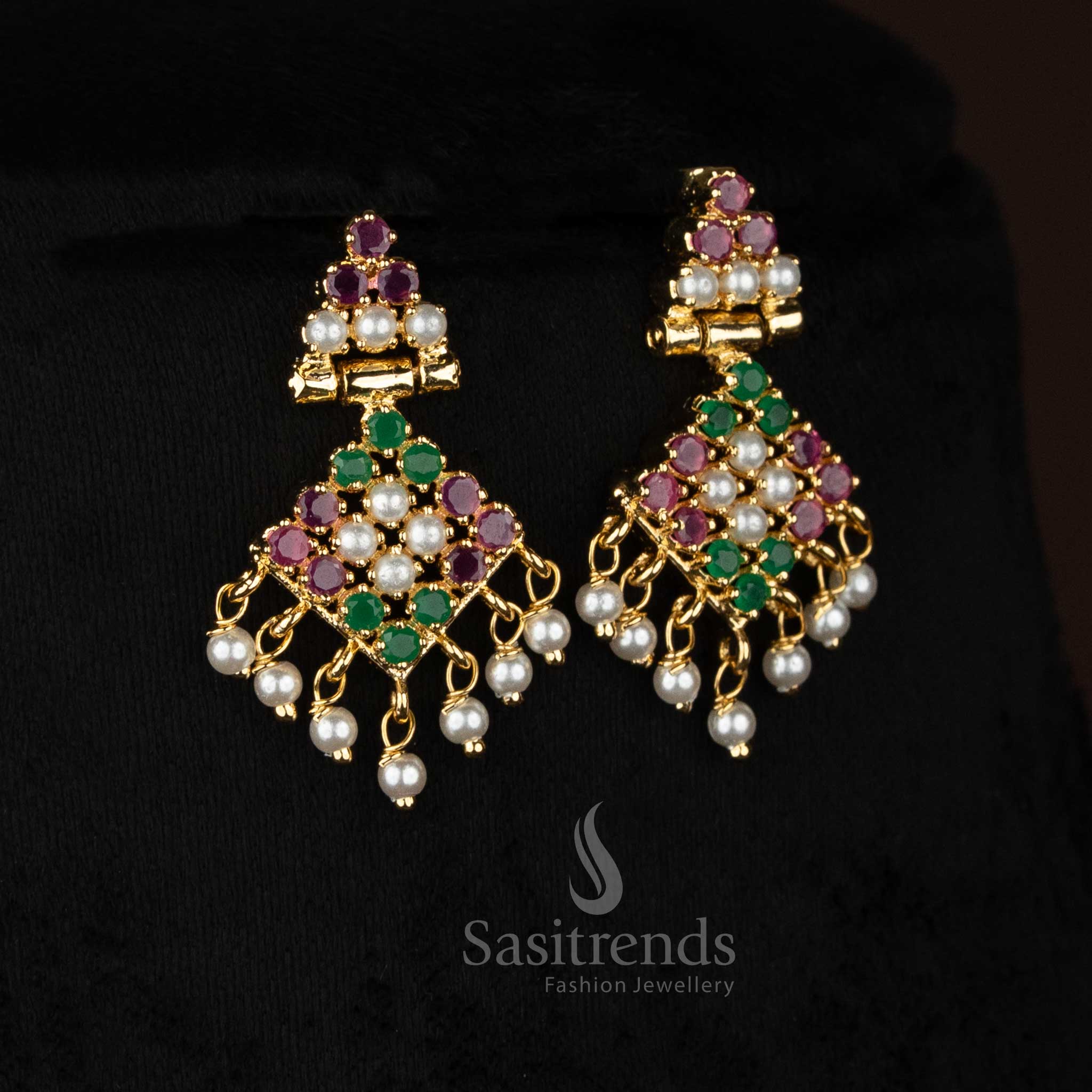Pearl ruby green ForestTile American diamond micro gold plated square dangle earrings ideal for party gatherings and sophisticated night styling - Sasitrends
