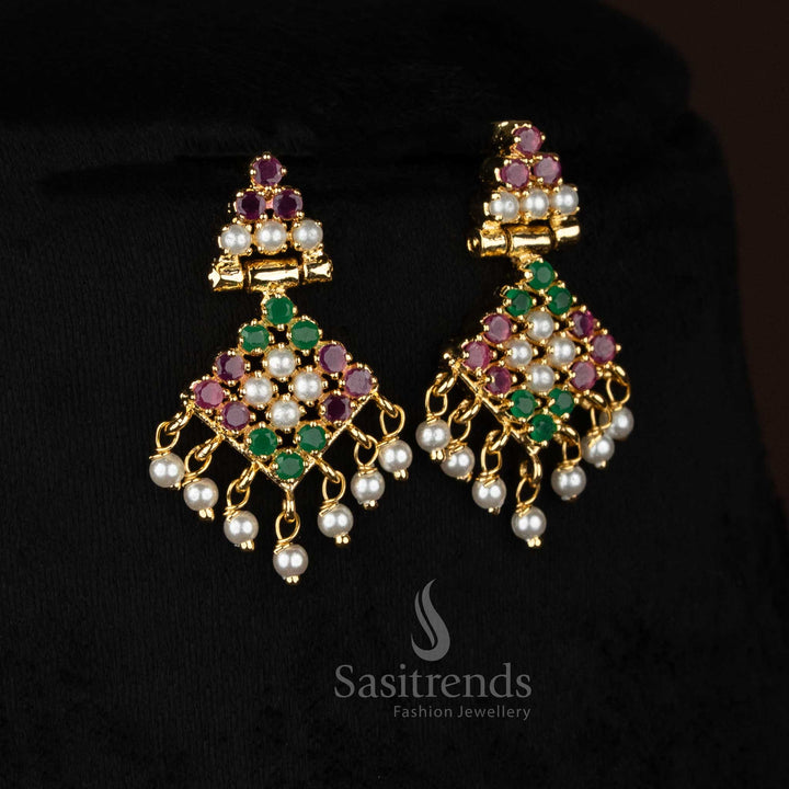 Pearl ruby green ForestTile American diamond micro gold plated square dangle earrings ideal for party gatherings and sophisticated night styling - Sasitrends