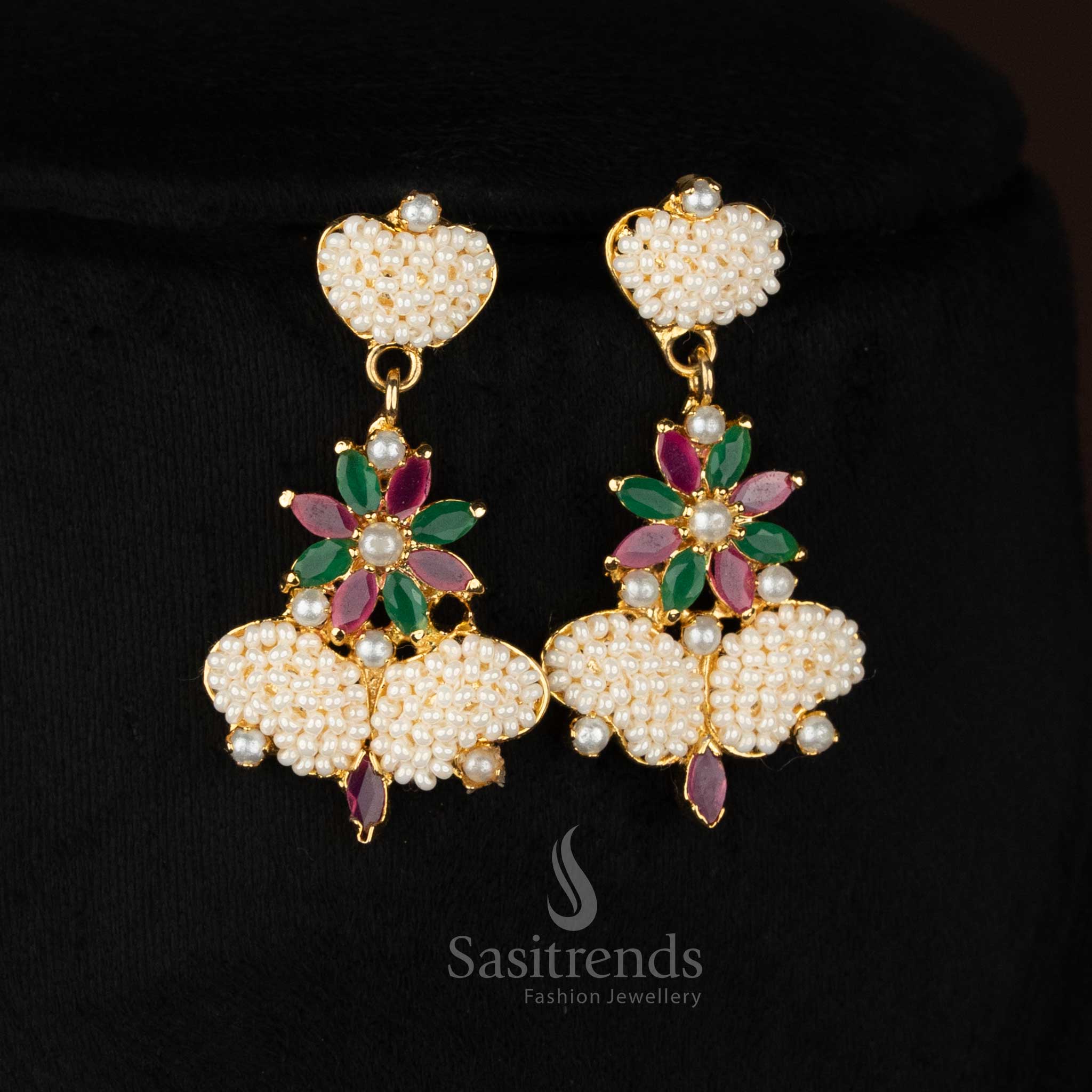 Pearl ruby green EmeraldCharm American diamond micro gold plated circular dangle earrings curated for elegant celebrations and premium social gatherings - Sasitrends