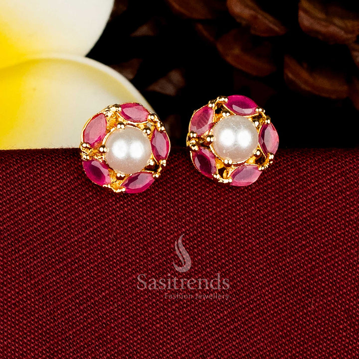 Exquisite Micro Gold Plated Circular Floral Cluster Marquise-Cut Pearl AD Stone Stud Earrings for Festive Wear - Guaranteed