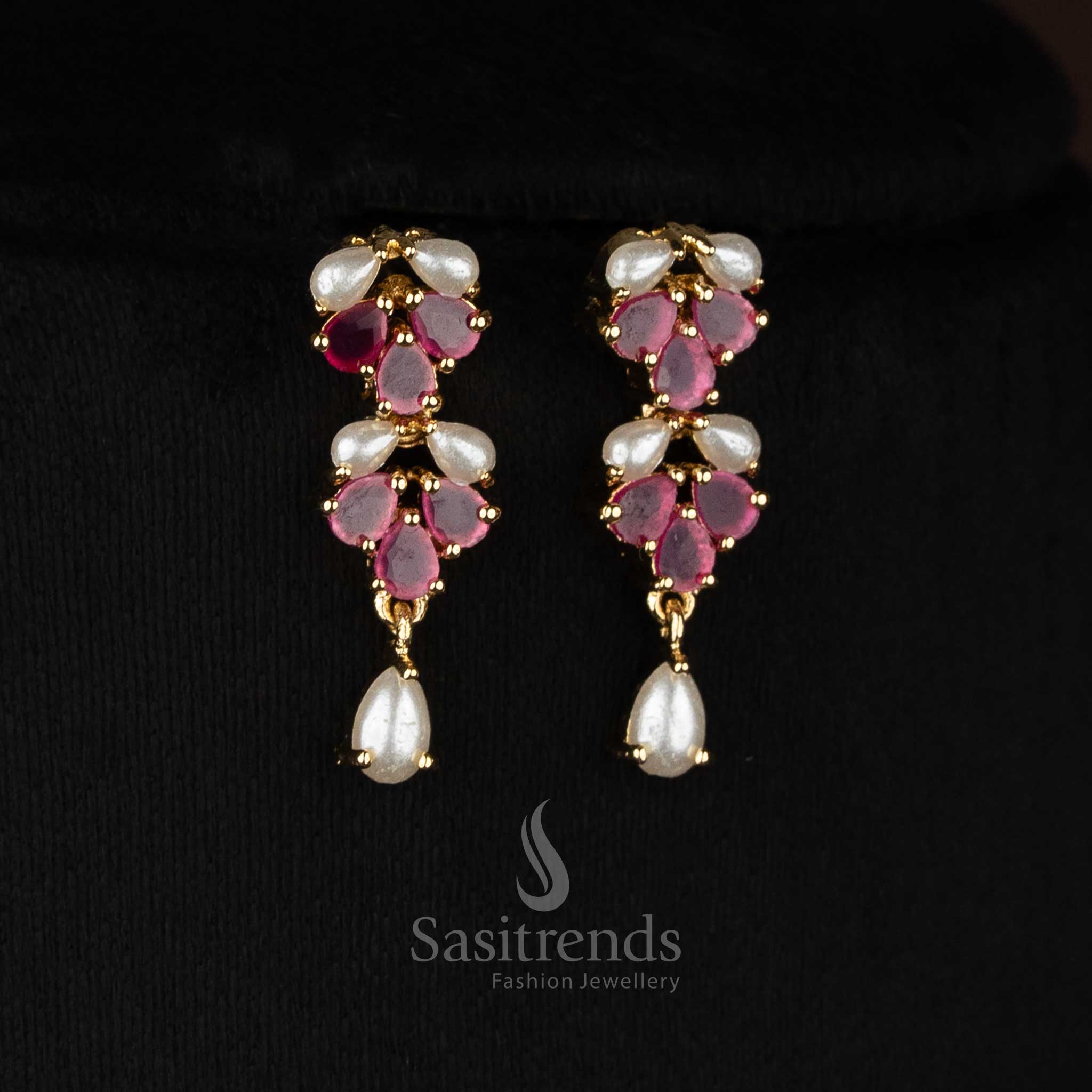 Pearl ruby micro gold plated crafted hanging earrings curated for statement styling and elegant celebrations - Sasitrends