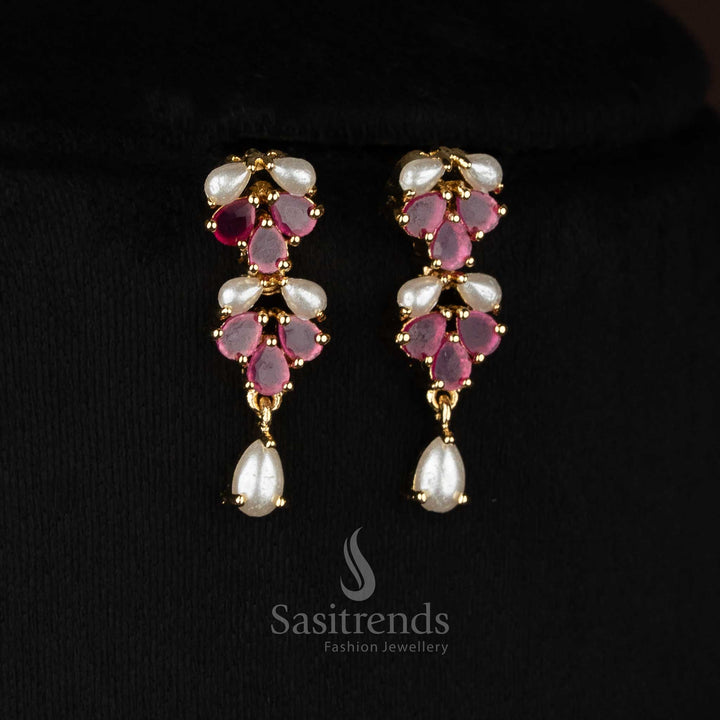 Pearl ruby micro gold plated crafted hanging earrings curated for statement styling and elegant celebrations - Sasitrends