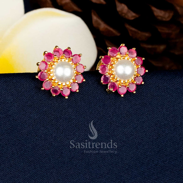 Radiant Micro Gold Plated Round Flower AD Stone and Pearl Stud Earrings for Festive Occasions - Guaranteed