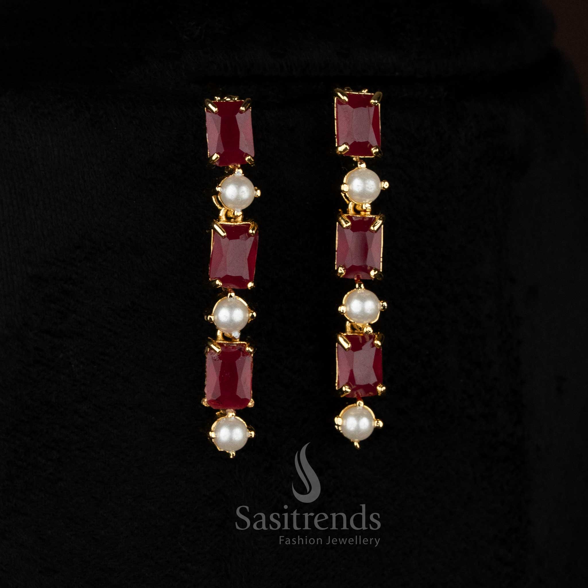 Pearl ruby ScarletCharm American diamond micro gold plated pearl hanging earrings created for stylish parties and fashion events - Sasitrends