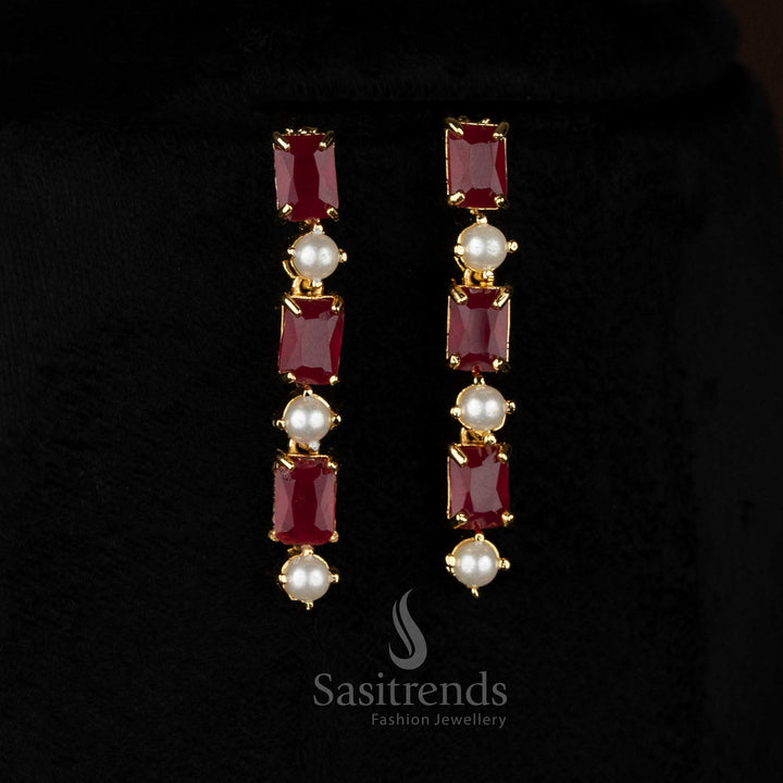 Pearl ruby ScarletCharm American diamond micro gold plated pearl hanging earrings created for stylish parties and fashion events - Sasitrends