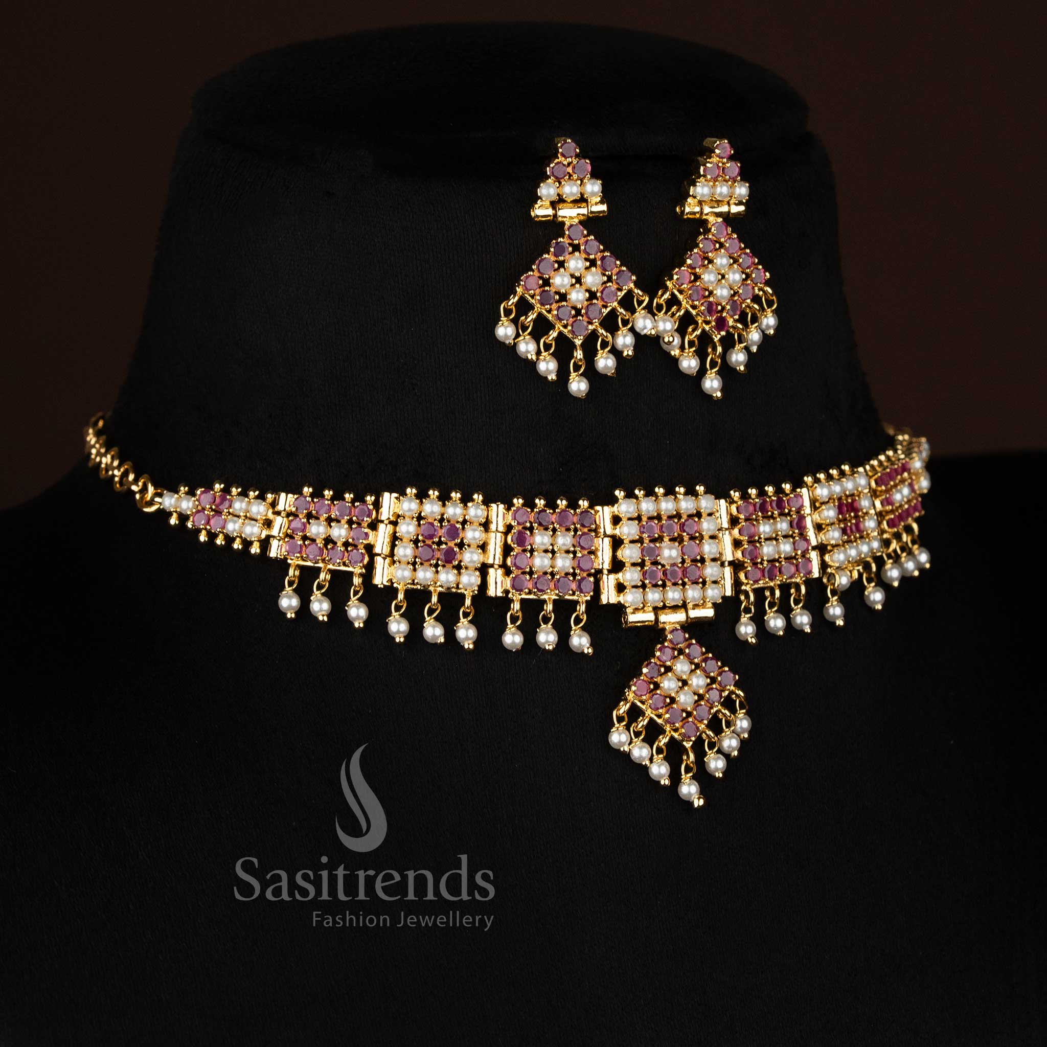 Pearl ruby ScarletTile American diamond micro gold plated square chain necklace set curated for premium evening wear and festive occasions - Sasitrends