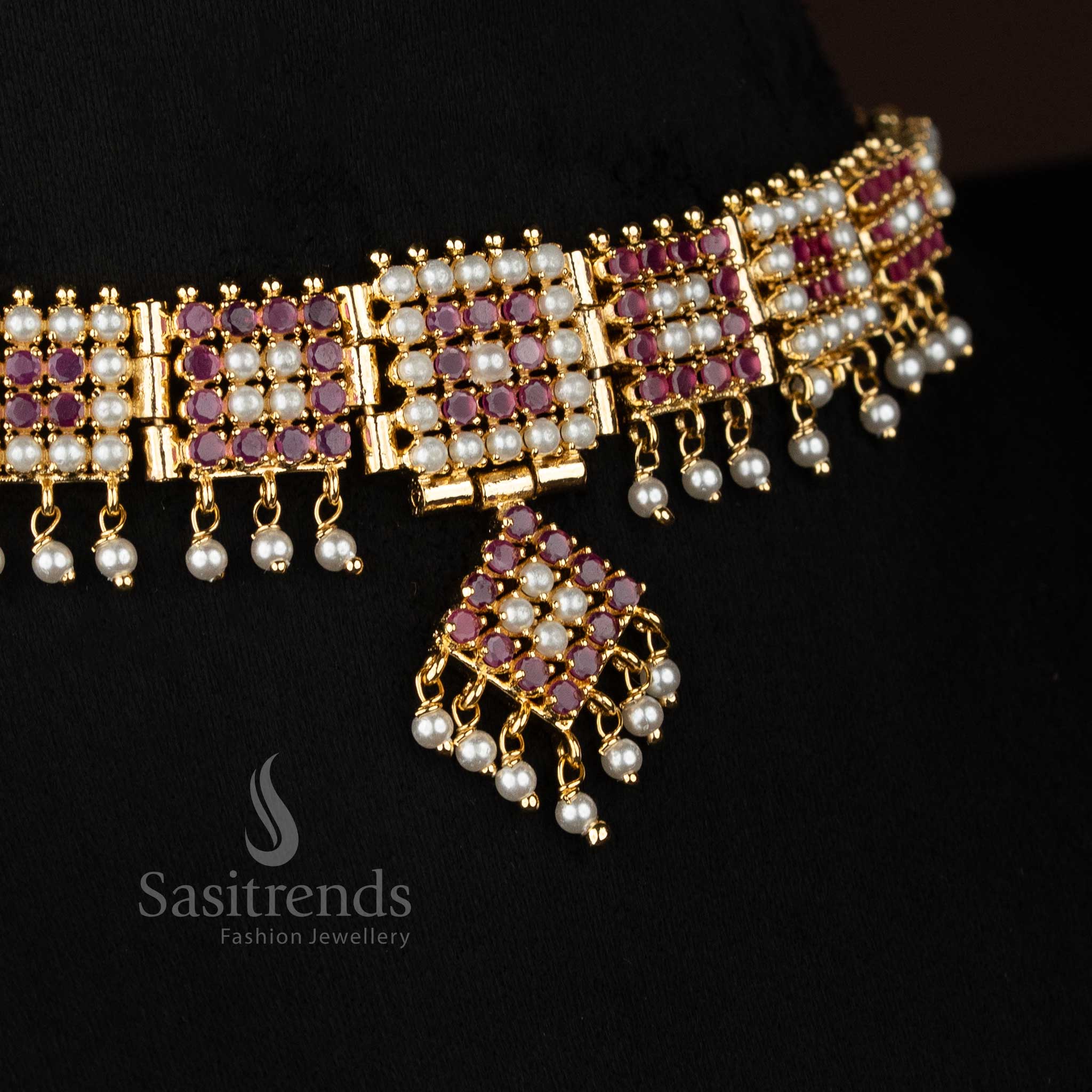 Pearl ruby RubyMatrix American diamond micro gold plated pearl necklace set perfect for stylish nights and celebration events - Sasitrends