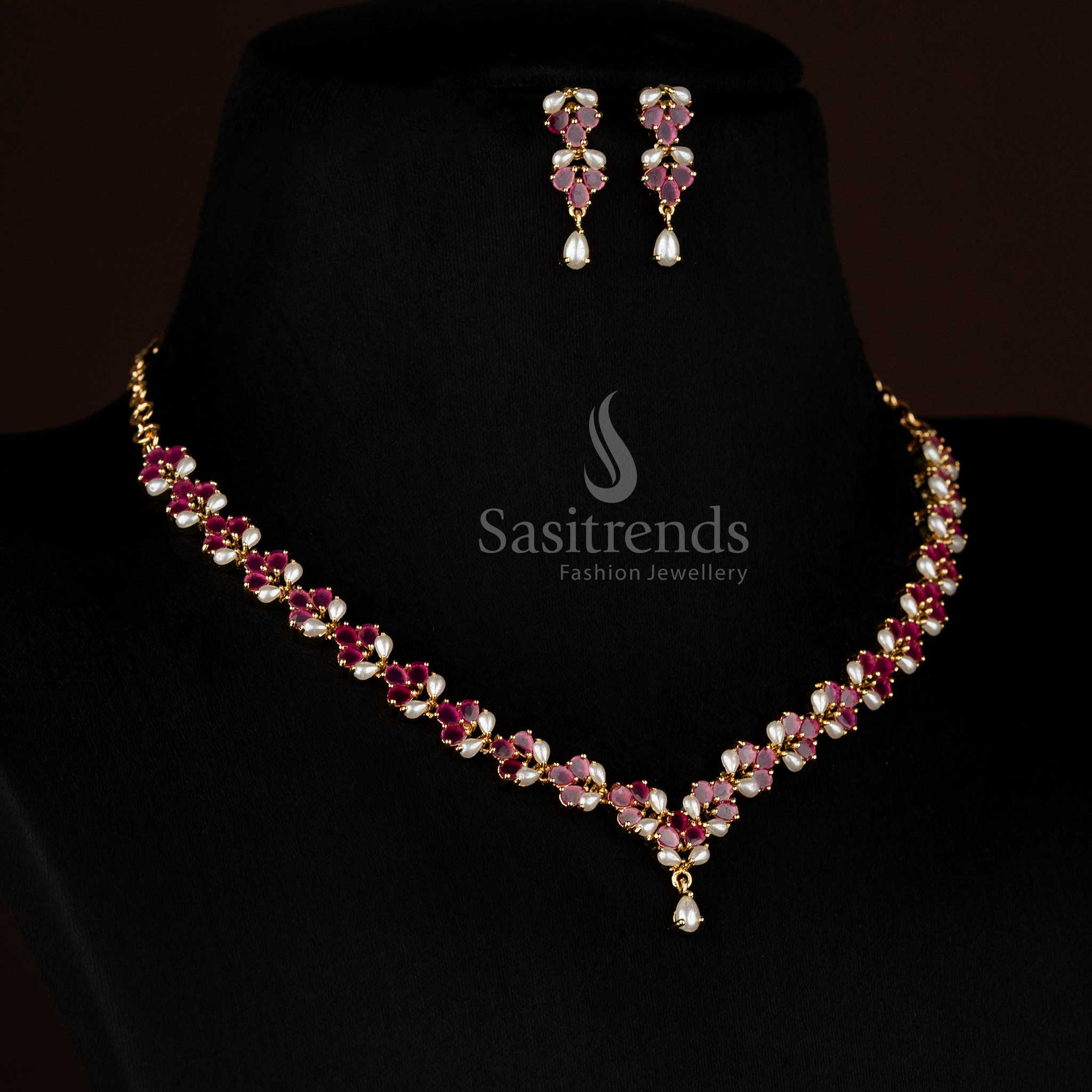 Pearl ruby American diamond micro gold plated floral pearl necklace set curated for refined celebrations and elegant night events - Sasitrends