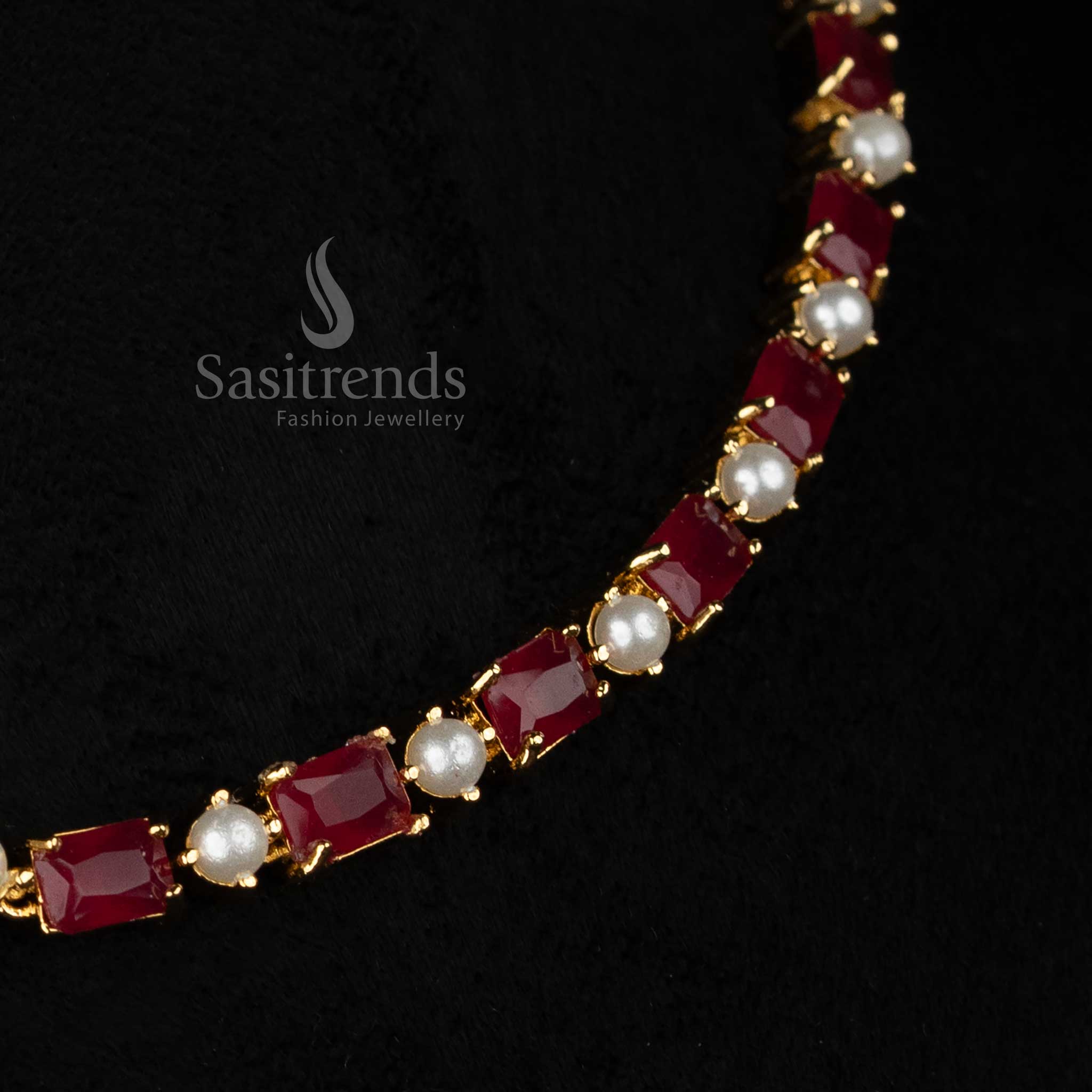 Pearl ruby ScarletChain American diamond micro gold plated rectangle pearl necklace set ideal for sophisticated evenings and fashion events - Sasitrends