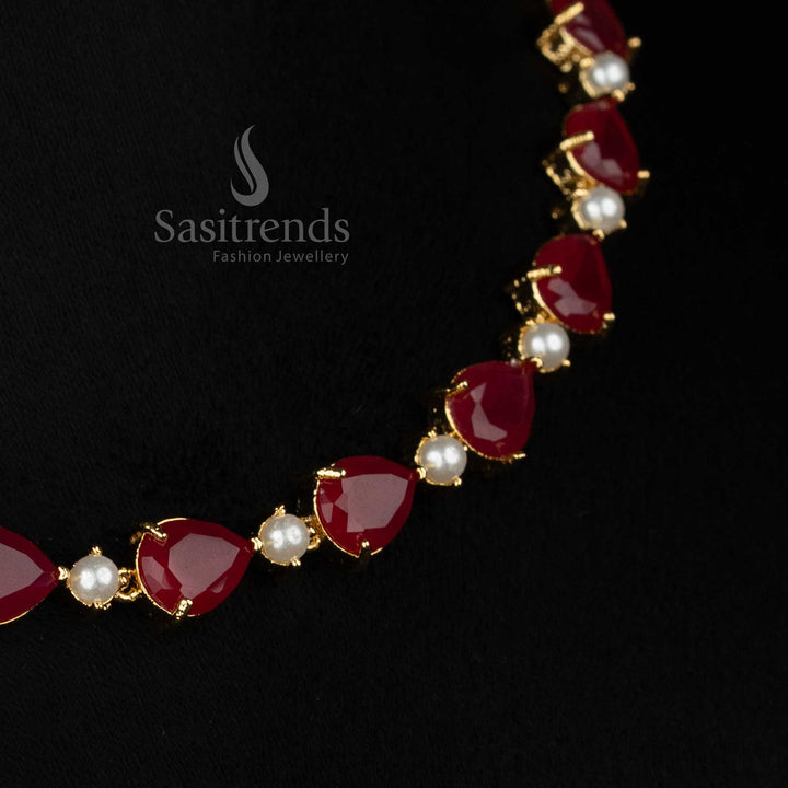 Pearl ruby ScarletWave American diamond micro gold plated teardrop and round necklace set perfect for nightlife moments and style-driven events - Sasitrends