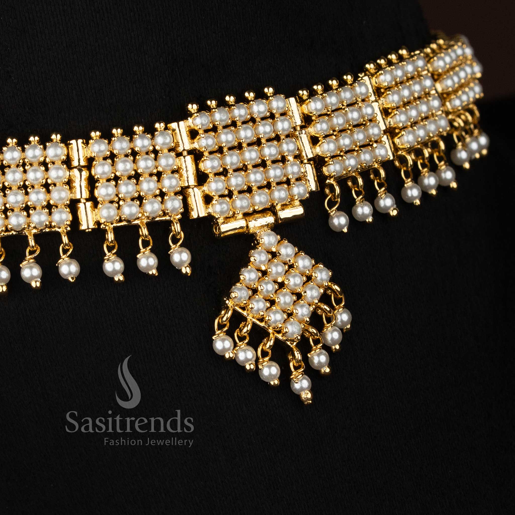 Pearl LuminousTile American diamond micro gold plated square pearl necklace set curated for sophisticated gatherings and stylish evening styling - Sasitrends