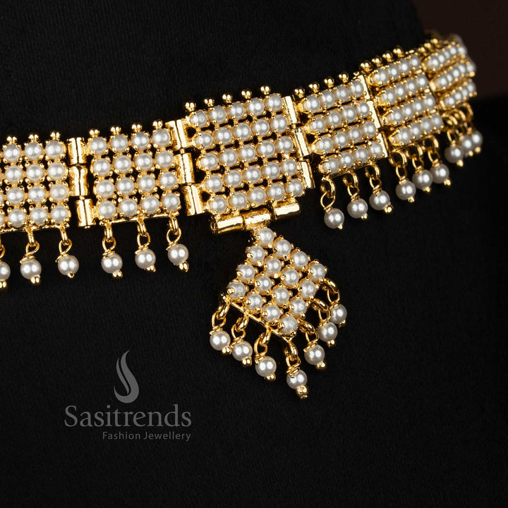 Pearl LuminousTile American diamond micro gold plated square pearl necklace set curated for sophisticated gatherings and stylish evening styling - Sasitrends