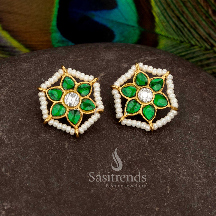 Beautiful 24K Jadau Gold Plated Floral Hexagonal Pearl & Kundan Stone Bugadi Ear Cuff Earrings for Festive Wear