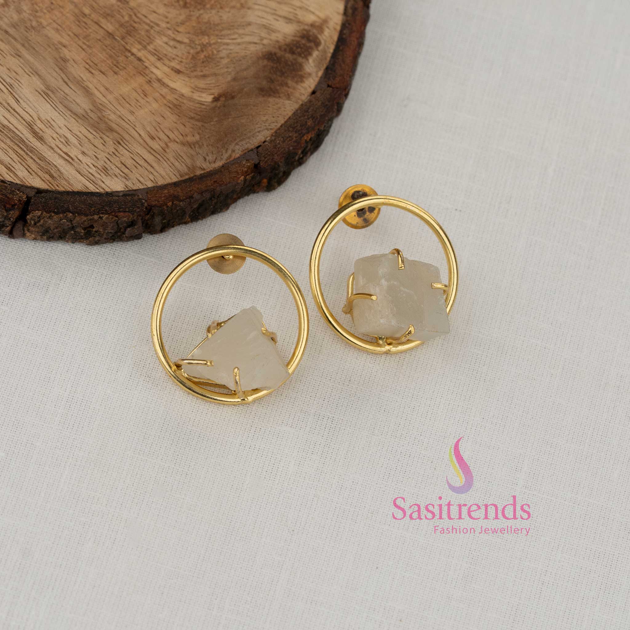 Pearl white round natural stone gold plated earrings delivering timeless simplicity for everyday fashion office styling and cultural dressing - Sasitrends