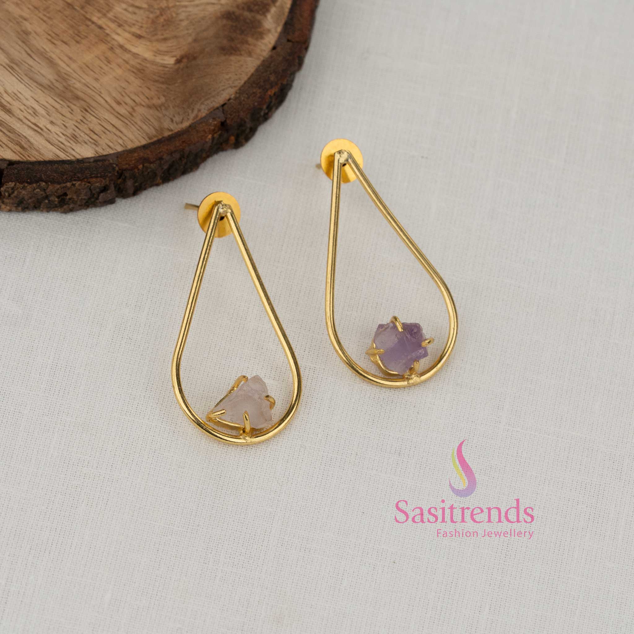 Petal pink pear shaped natural stone gold plated earrings crafted for stylish office wear graceful ethnic dressing and daily fashion looks - Sasitrends