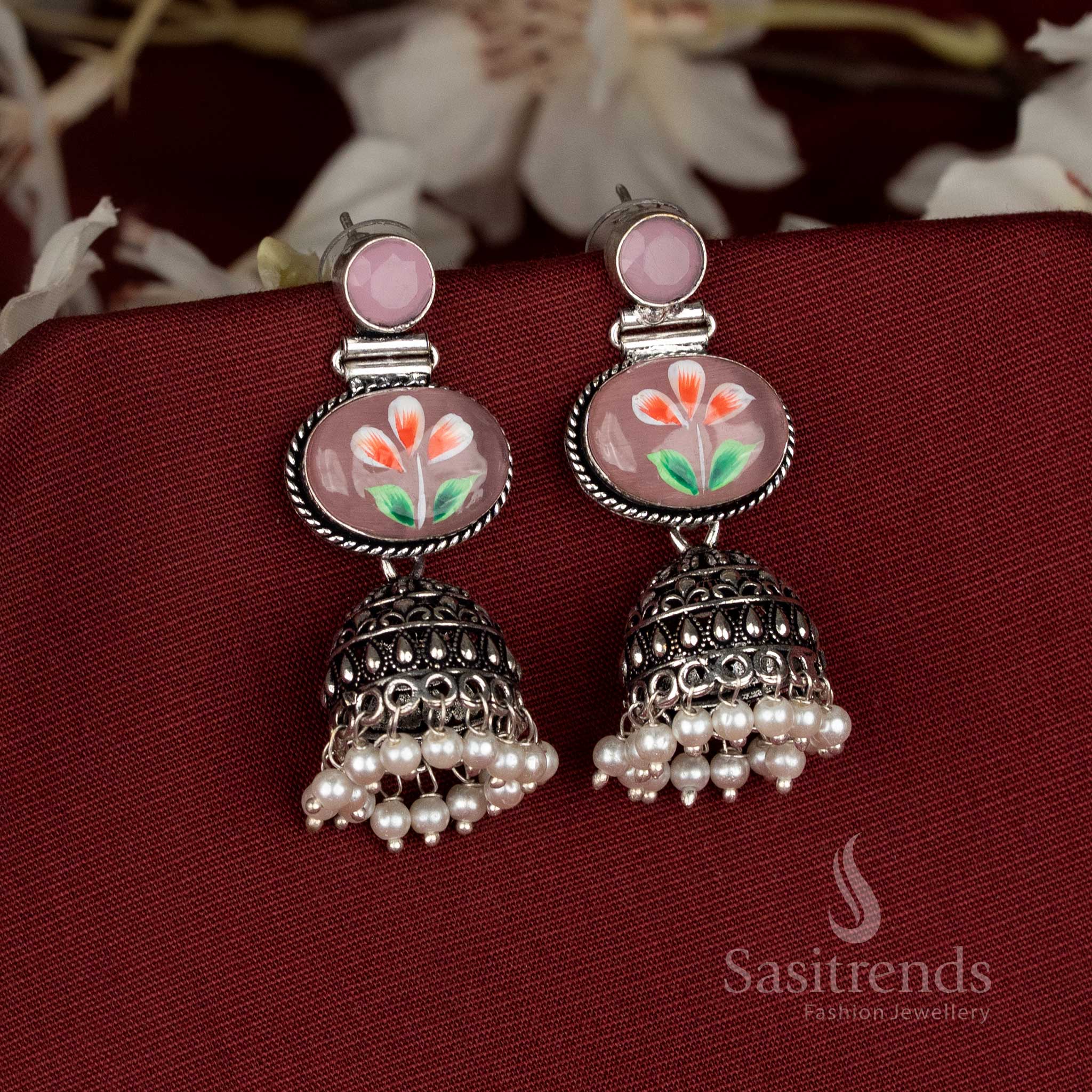 Roseblush oxidised hand-painted jhumka earrings with pink Monalisa oval stones, perfect for Navaratri and festive celebrations – Sasitrends