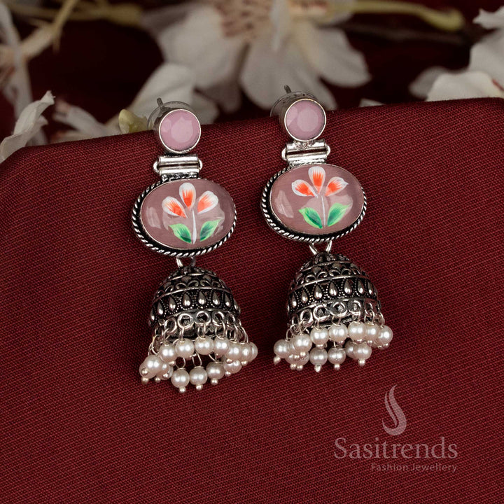 Roseblush oxidised hand-painted jhumka earrings with pink Monalisa oval stones, perfect for Navaratri and festive celebrations – Sasitrends