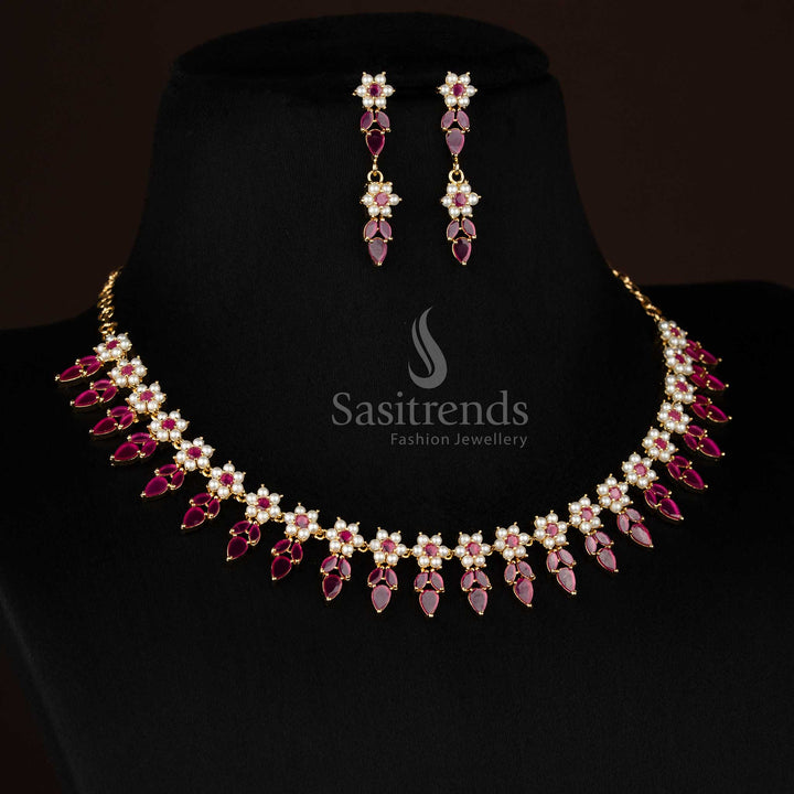 Attractive micro gold plated pearl ruby American diamond floral leaf teardrop necklace for party gatherings - Sasitrends