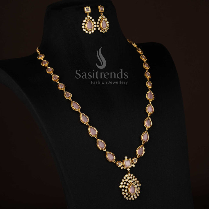 Charming pink American Diamond matte gold plated teardrop stone long necklace designed for festive wear - Sasitrends