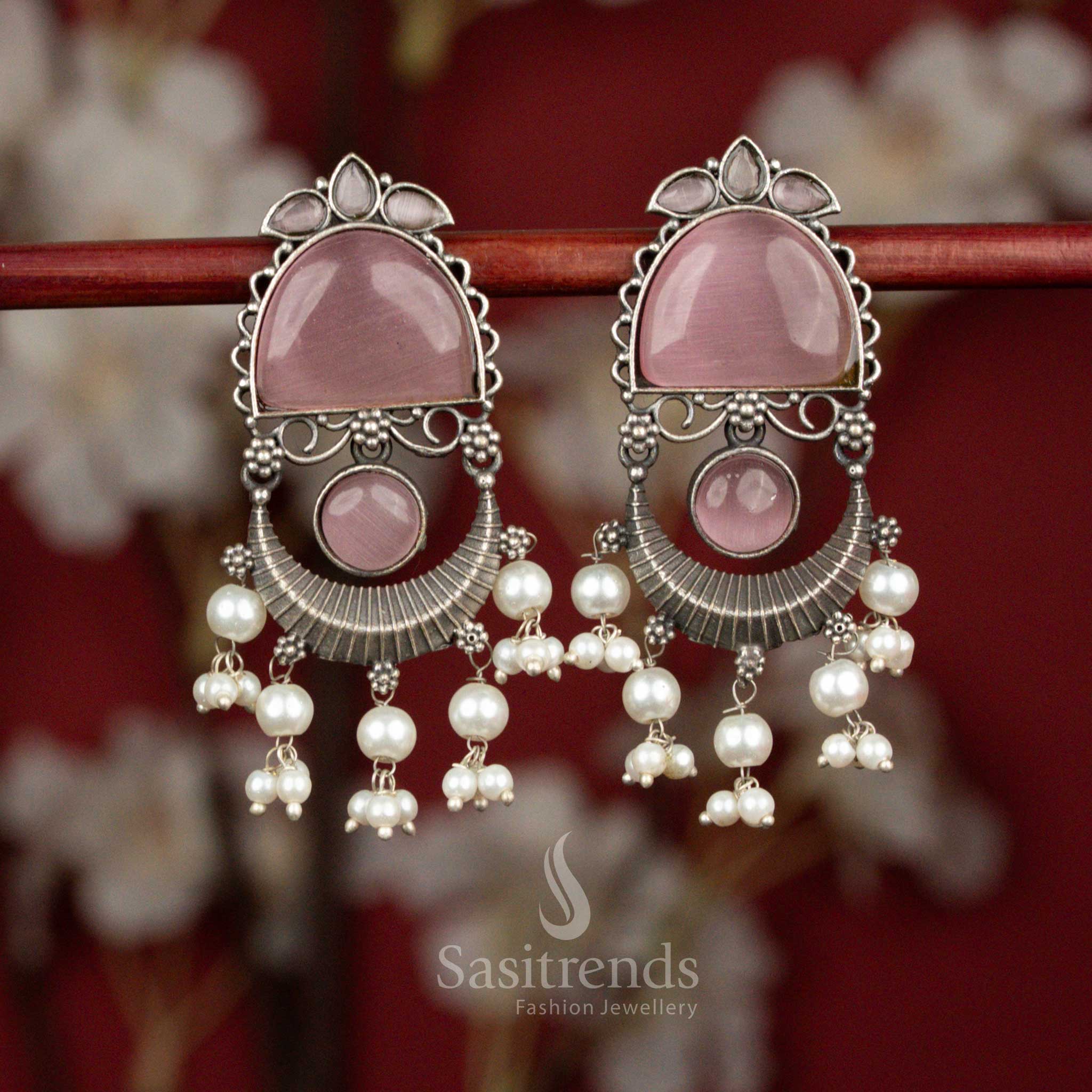 Blush pink oxidised silver monalisa crescent arch pearl tassel earrings for festive evenings - jewellery - Sasitrends