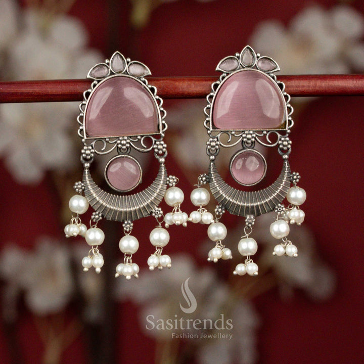 Blush pink oxidised silver monalisa crescent arch pearl tassel earrings for festive evenings - jewellery - Sasitrends