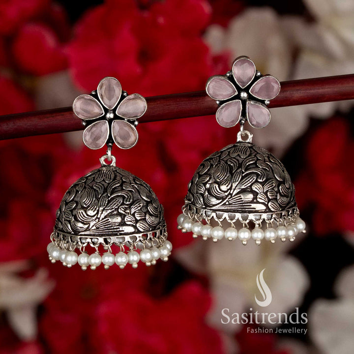 Oxidised Floral Jhumka Earrings with Pearl Drops | Fish Hook & Push Back For Ethnic Wear