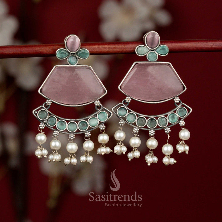 Blended pink mint oxidised silver classic crescent pearl hanging earrings for party wear - jewellery - Sasitrends