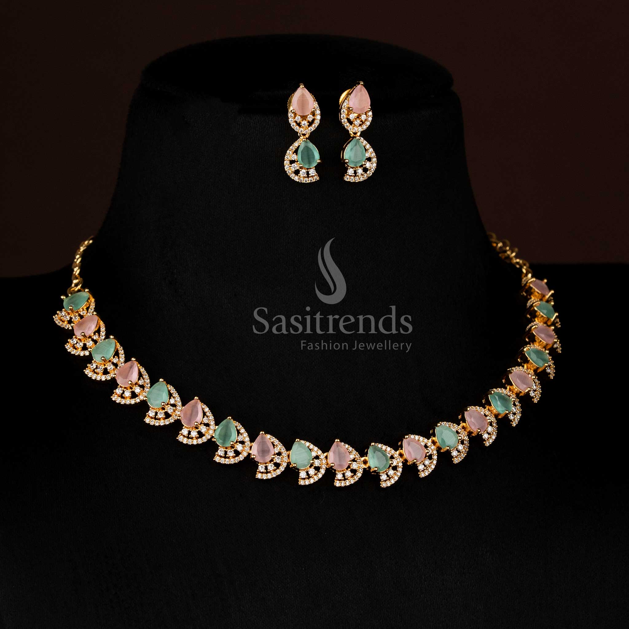 Graceful pink mint gold plated infinity teardrop necklace with sparkling AD stones for luxury party wear - Sasitrends