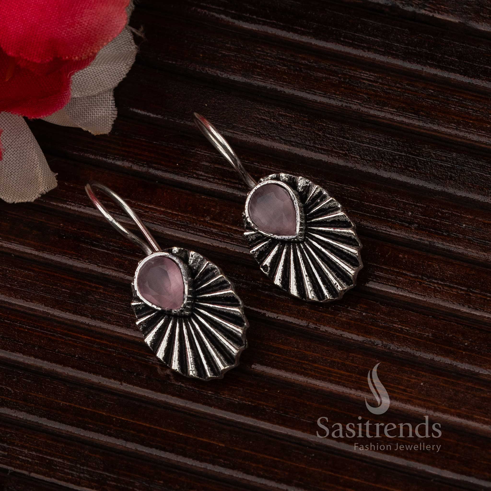 Pink Oval Water drop Oxidised Earrings for Traditional Events