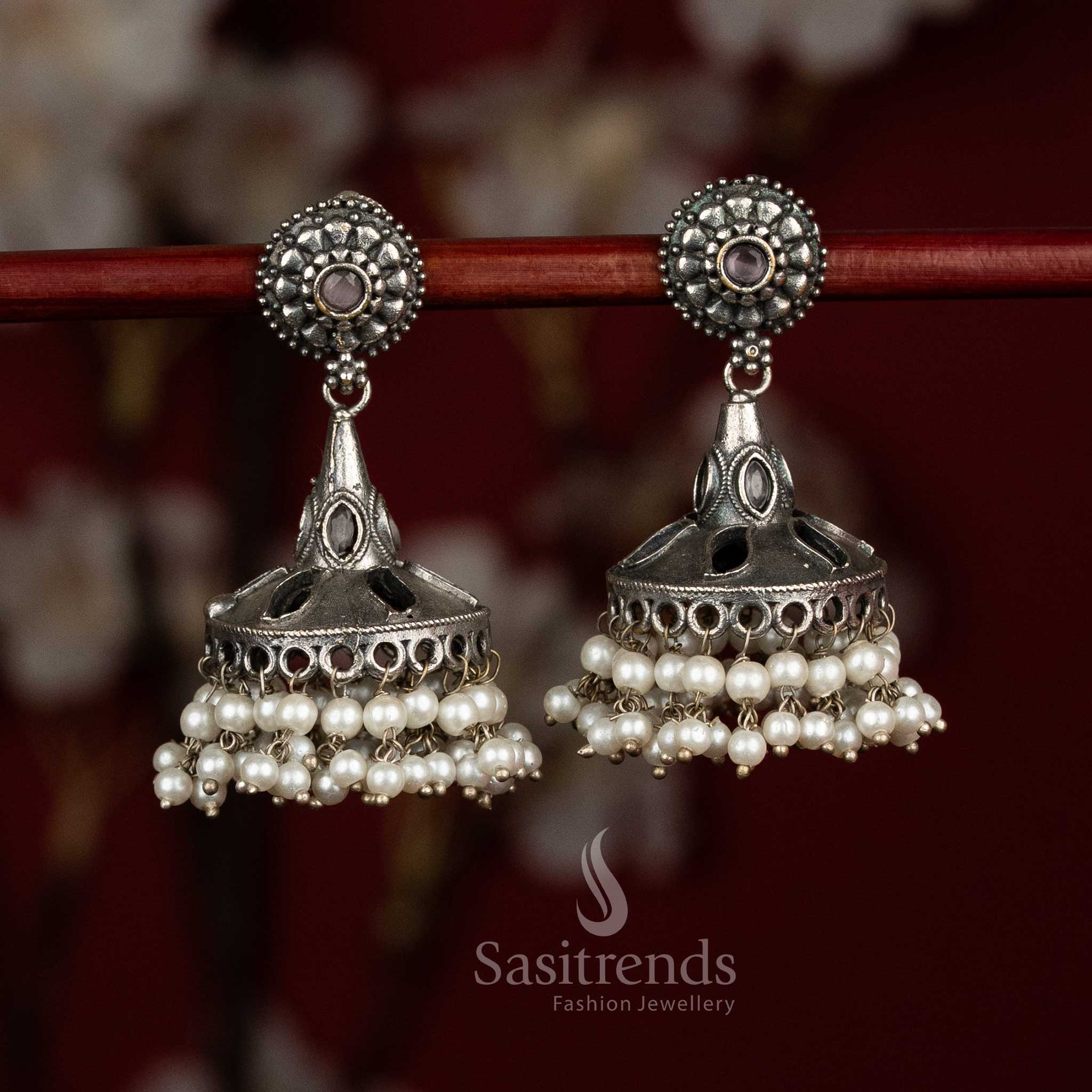 Blush antique oxidised 92.5 silver round floral bell jhumka earrings with pearl hangings for ethnic wear - jewellery - Sasitrends