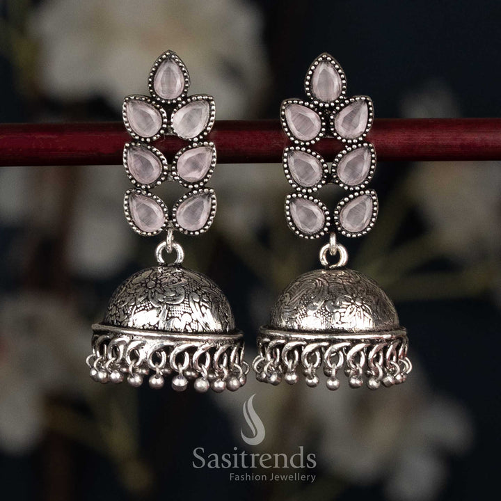 Delicate pink oxidised petal cluster stud jhumka earrings with textured dome for traditional functions - Sasitrends