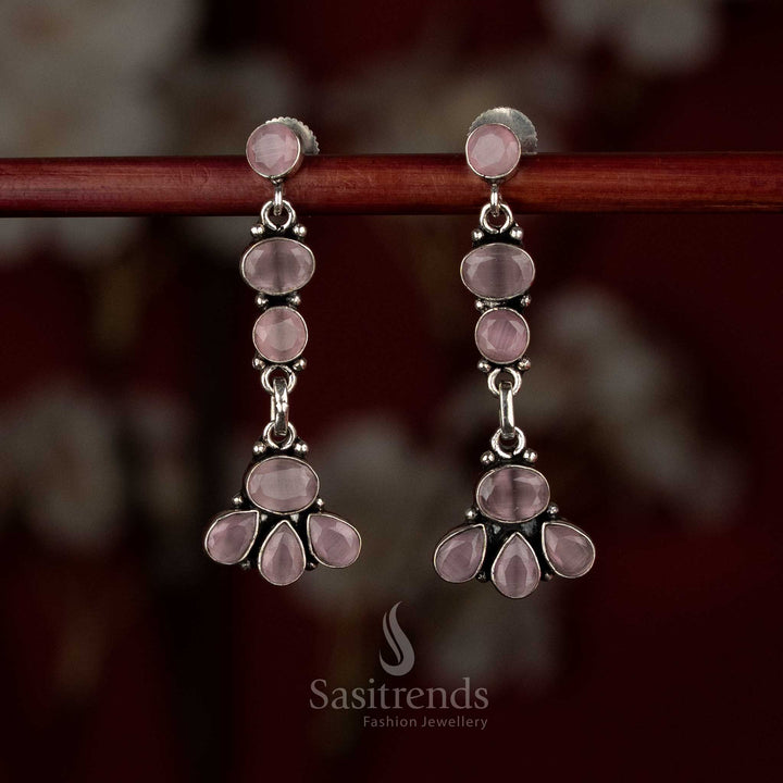 Pink oxidised silver earrings with elongated floral clusters and a graceful vertical falling design – Sasitrends