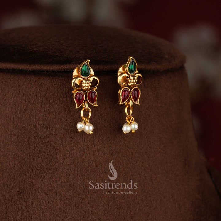 Dynamic ruby green stylish classic matte gold plated paisley pearl earrings with colourful stones – Sasitrends