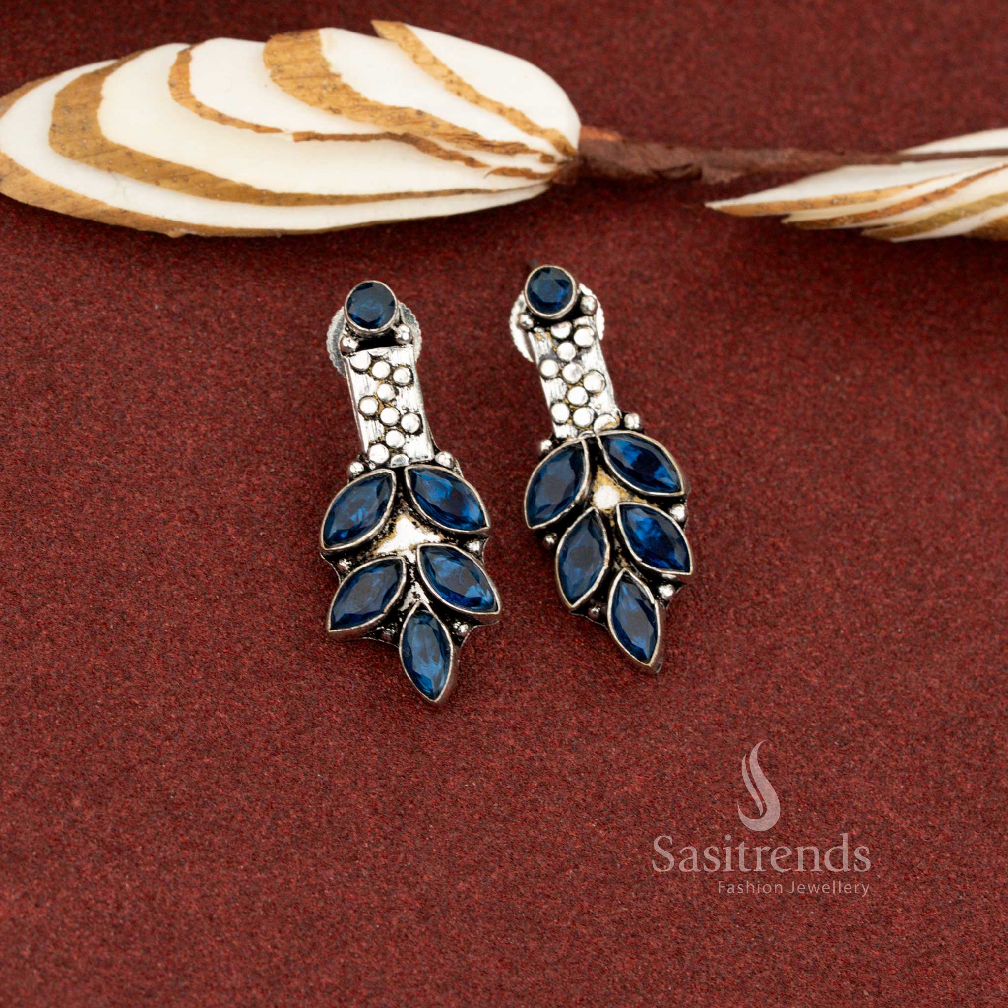 Poised blue oxidised marquise leaf cluster stone earrings designed for polished office styling and refined daily wear – Sasitrends