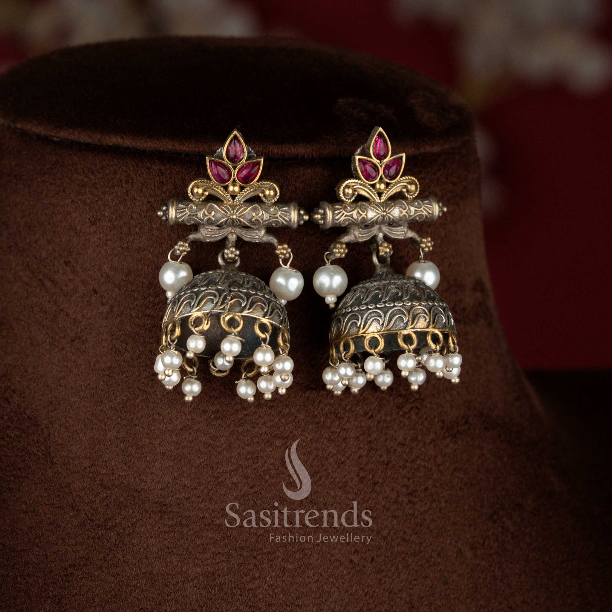 Refined ruby dual tone oxidised mandala floral pearl stud earrings for festive events – Sasitrends